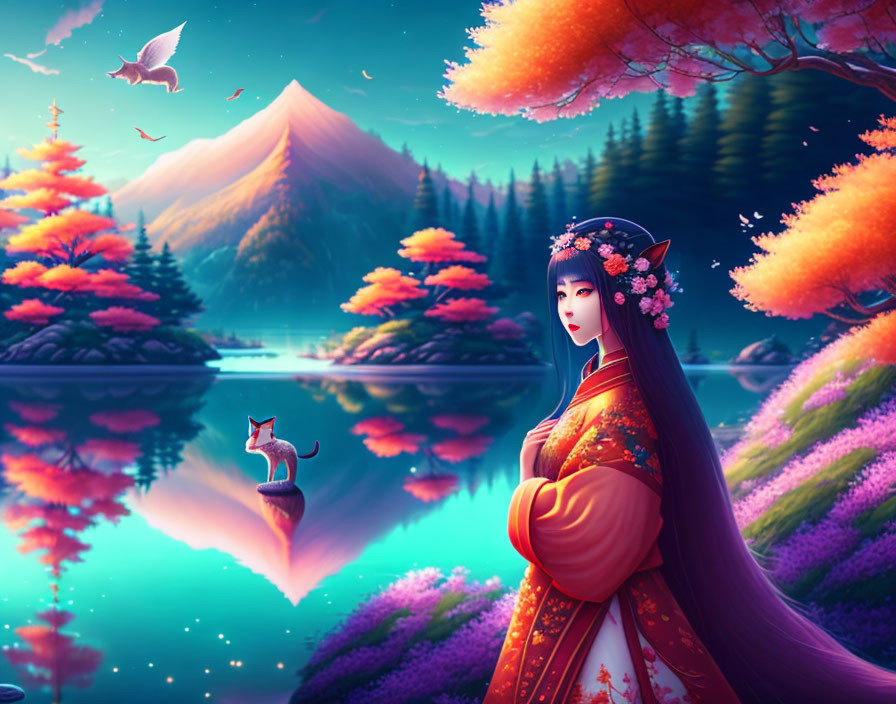 Traditional Attire Woman by Lake with Pink Trees and Mountain