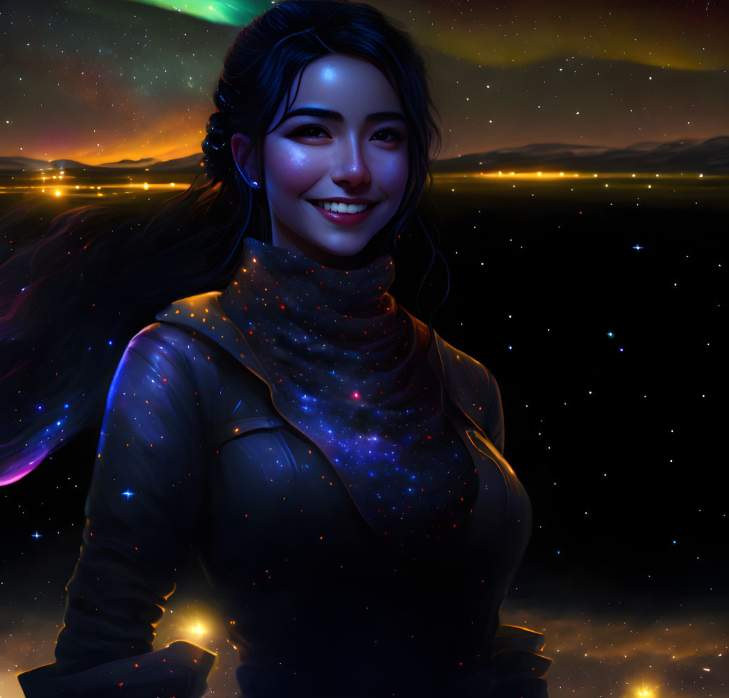 Smiling woman portrait with aurora and starry night sky theme