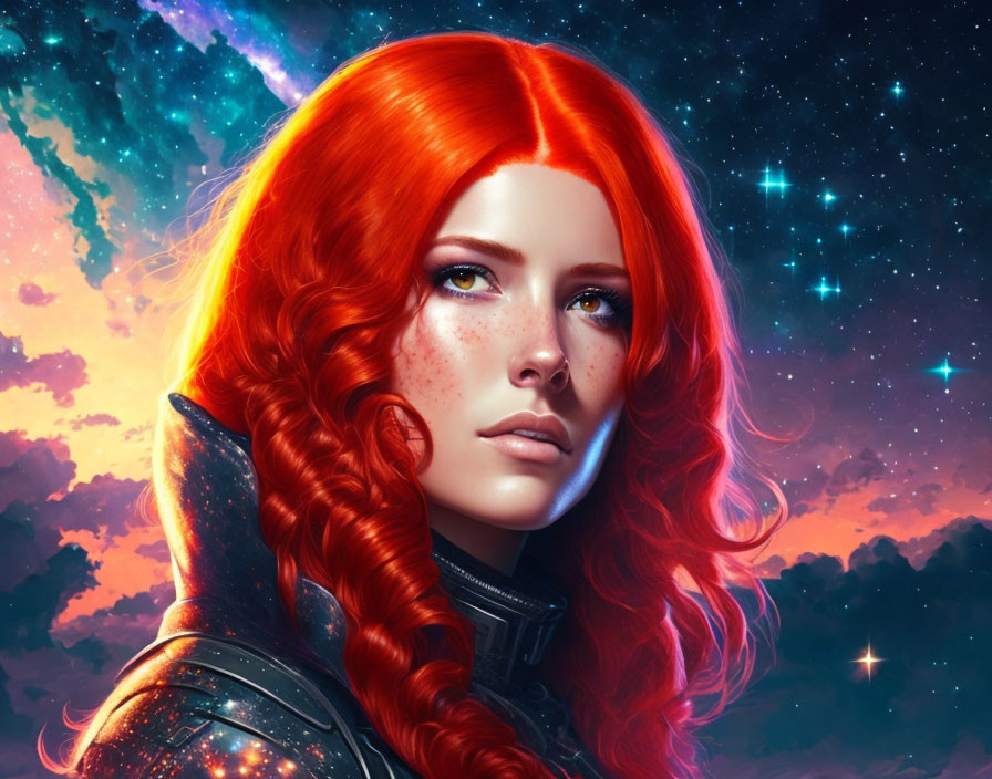 Vibrant red-haired woman with freckles in cosmic setting