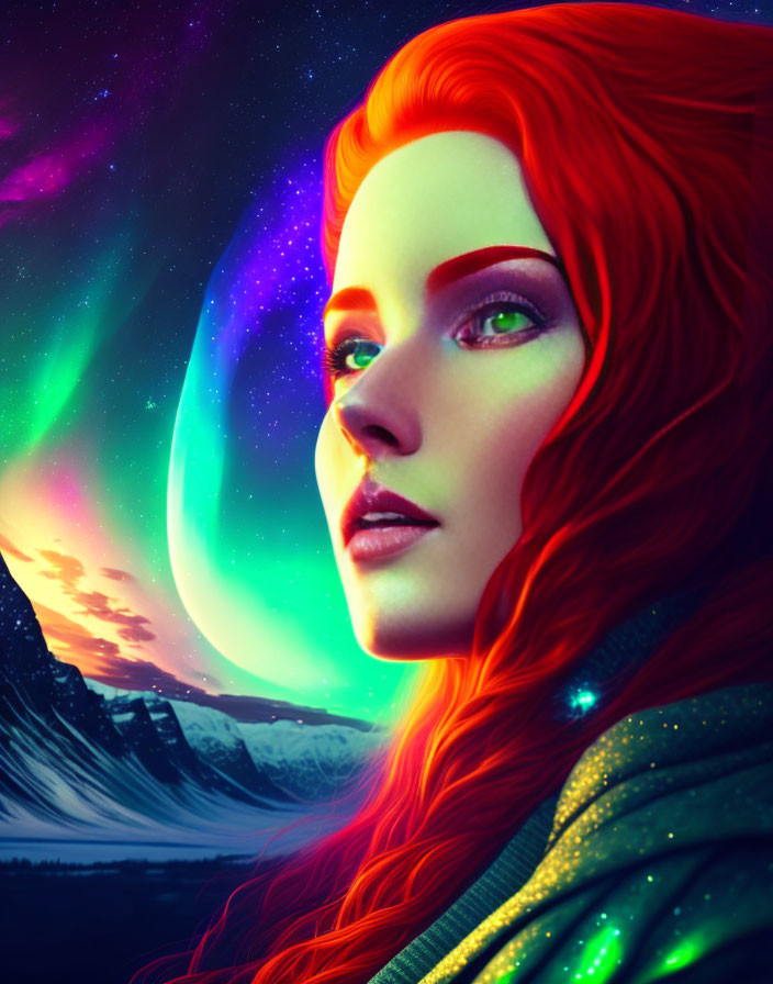 Digital artwork: Woman with red hair & green eyes in aurora night sky.