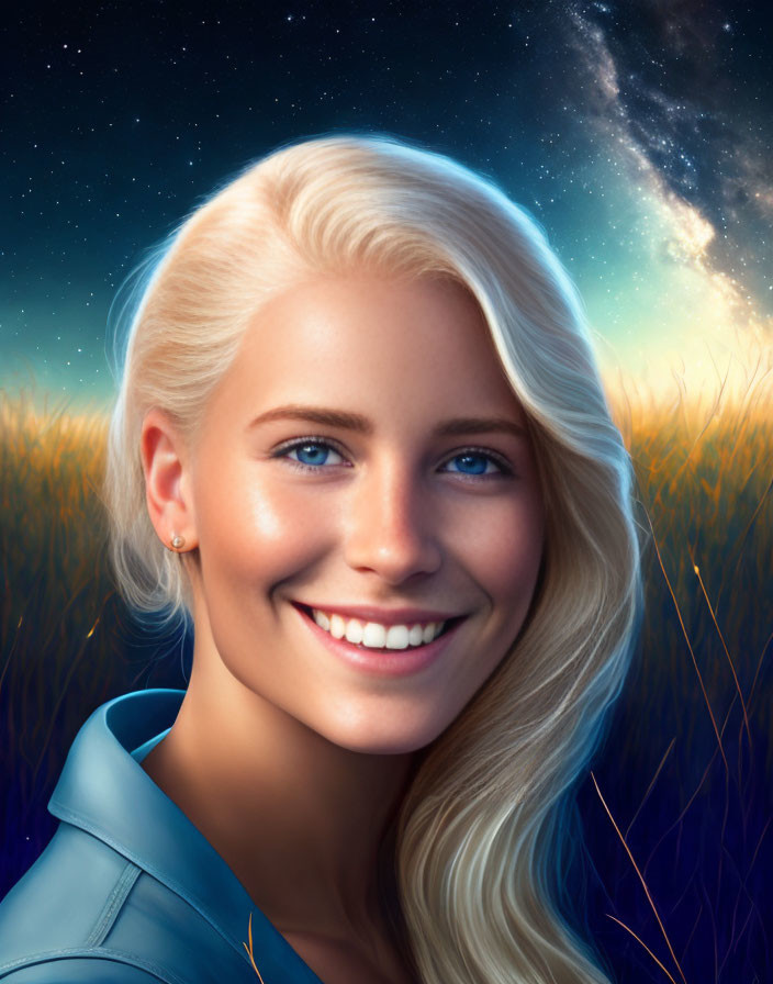 Blond Woman in Blue Top Smiling Against Night Sky