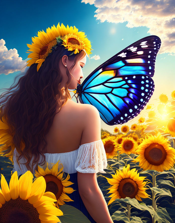 Woman with sunflower crown and butterfly in sunflower field at sunset