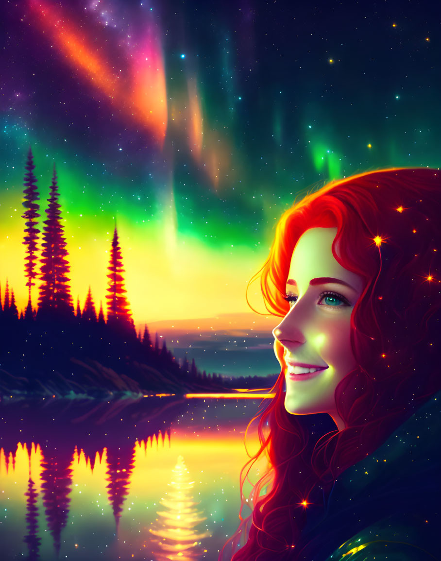 Red-haired woman smiling under vibrant aurora sky by serene lake