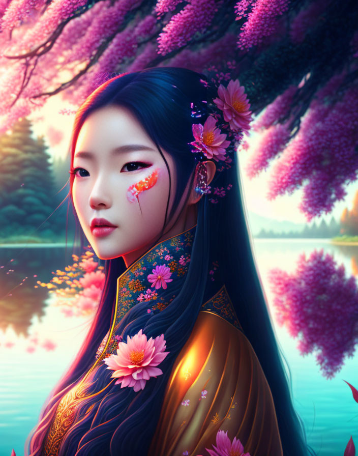 Digital illustration: Woman with long black hair in traditional attire under pink tree by lake