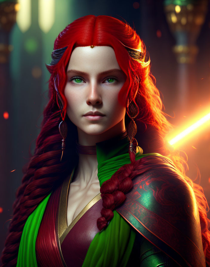 Vibrant red hair woman in green and gold armor portrait.