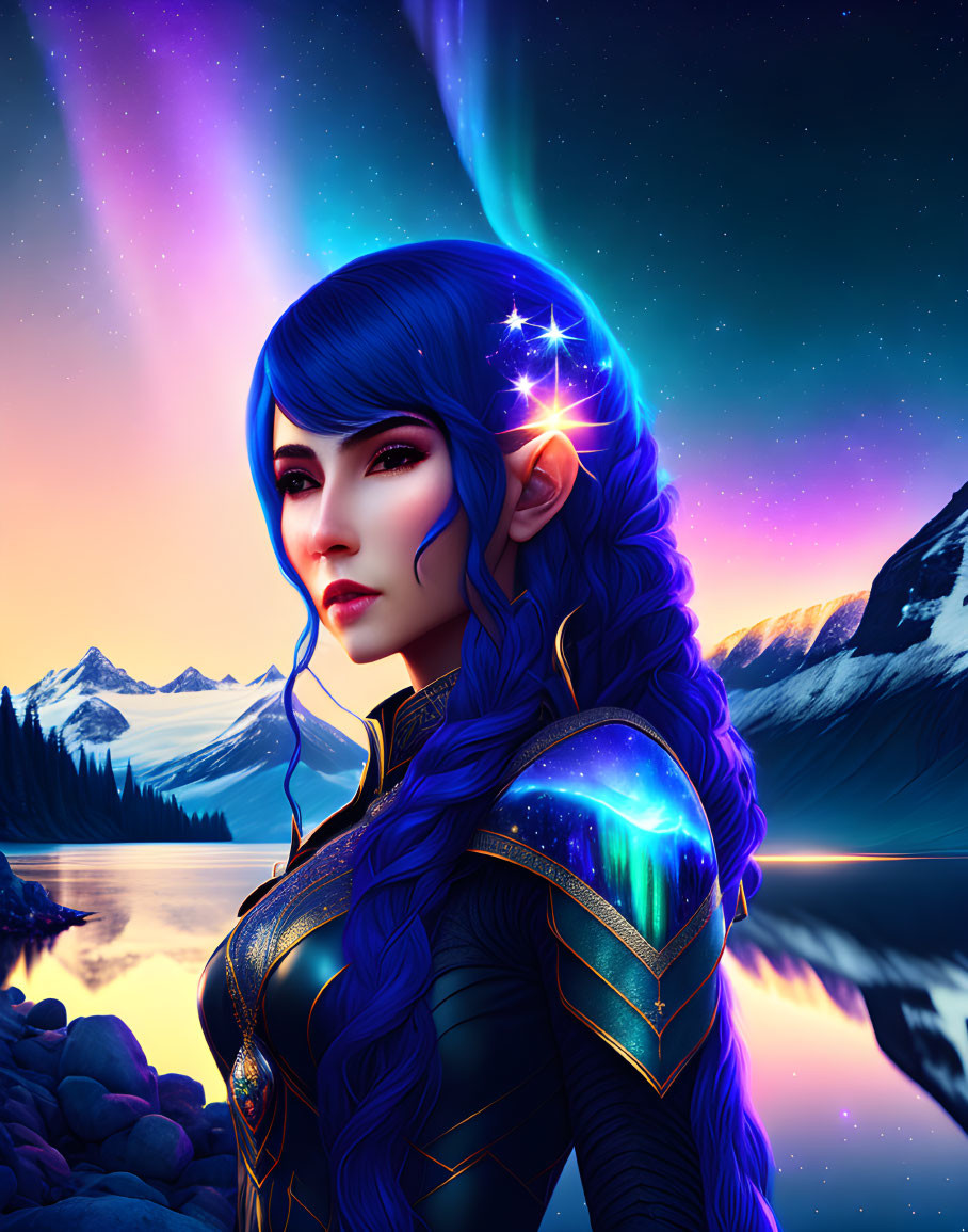 Fantasy female character with blue hair by a lake under northern lights