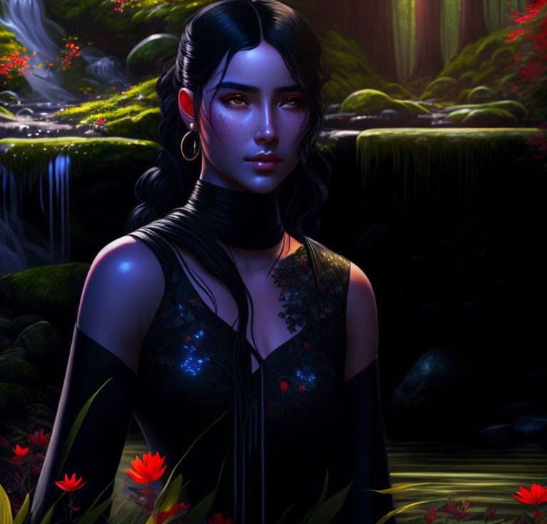 Digital art portrait of woman with black hair, glowing skin, tattoos in mystical forest.