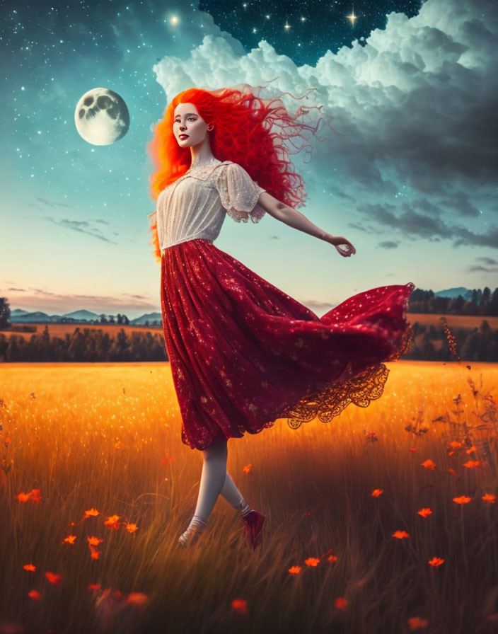 Red-haired woman in red dress levitates in golden field under twilight sky.