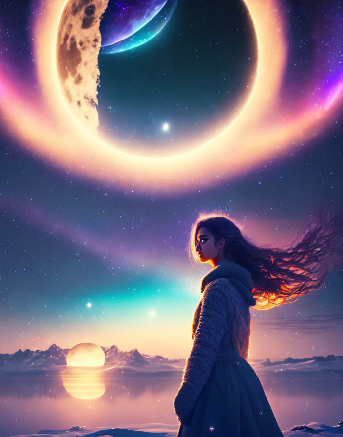 Woman admires surreal landscape with giant moon, colorful rings, sun, tranquil waters, and mountain backdrop