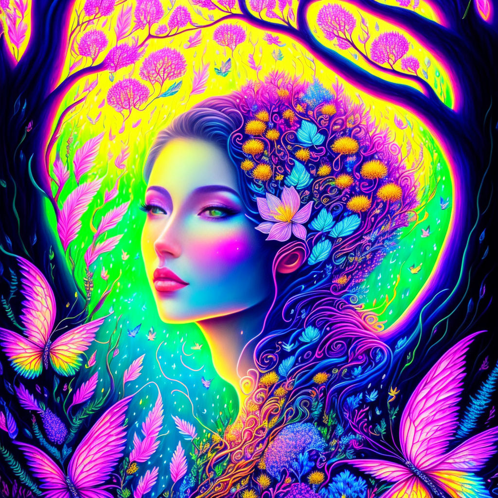 Colorful digital artwork: Woman's face with floral patterns & butterfly wings