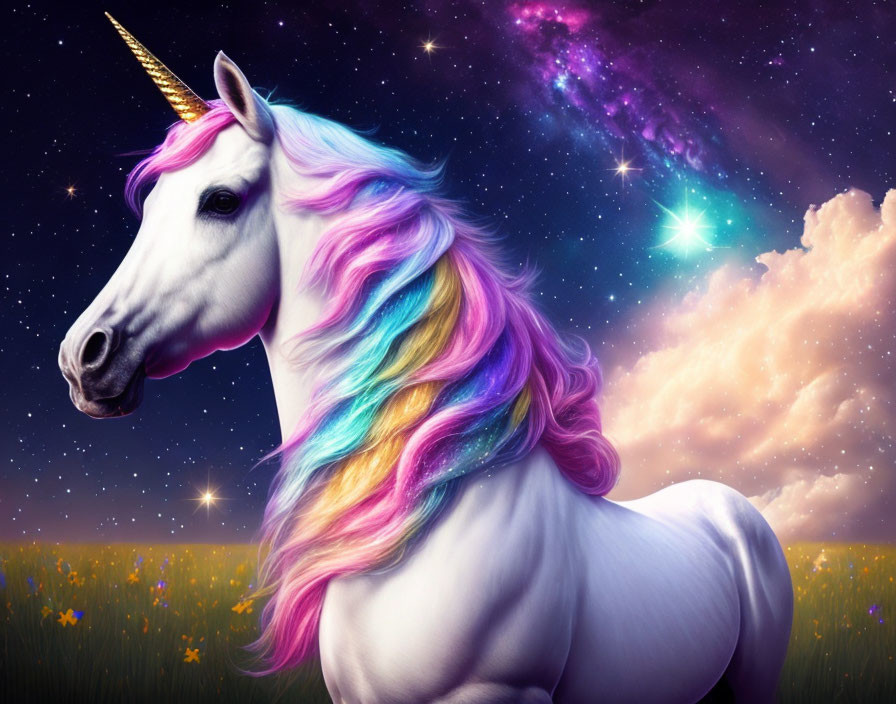 Colorful Unicorn Illustration with Rainbow Mane in Starry Night Sky