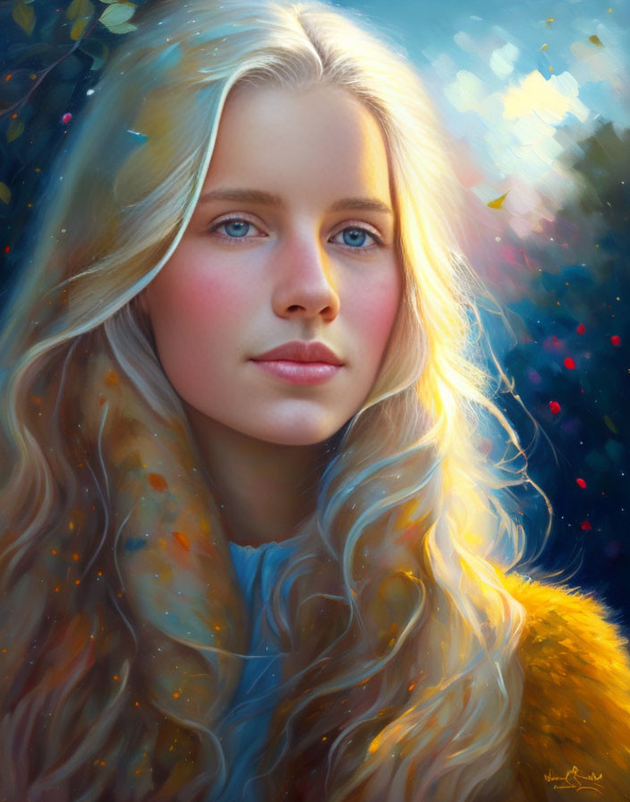 Portrait of woman with long wavy blond hair and blue eyes in warm backlit setting