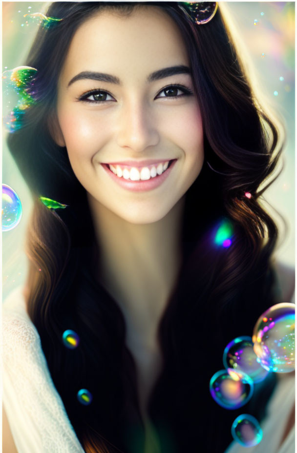 Colorful soap bubbles surround joyful woman with beaming smile and dark cascading hair.