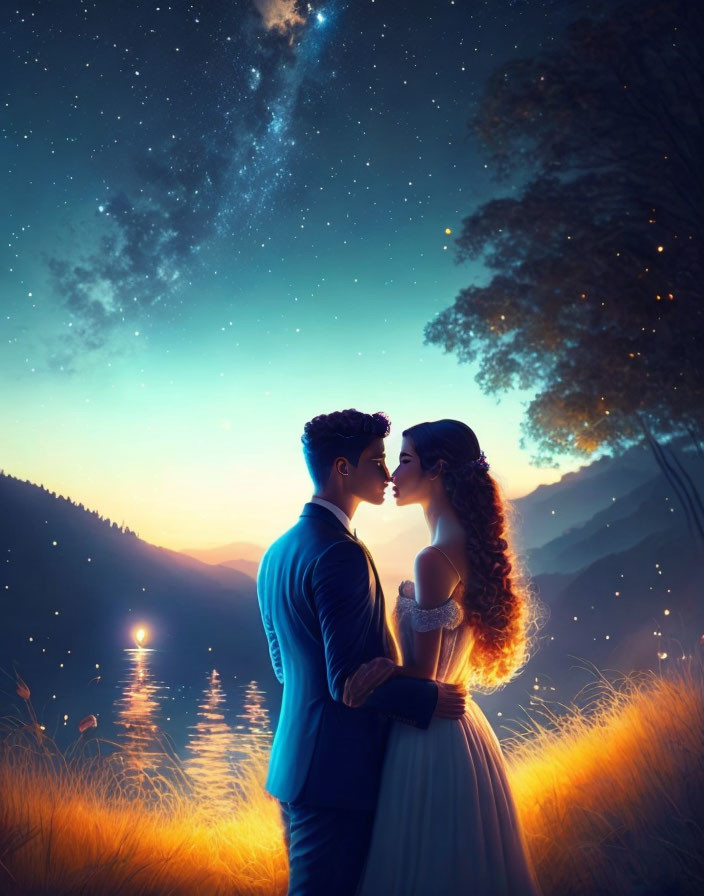 Couple embracing at twilight by tranquil lake with starry sky, fireflies, and silhouettes