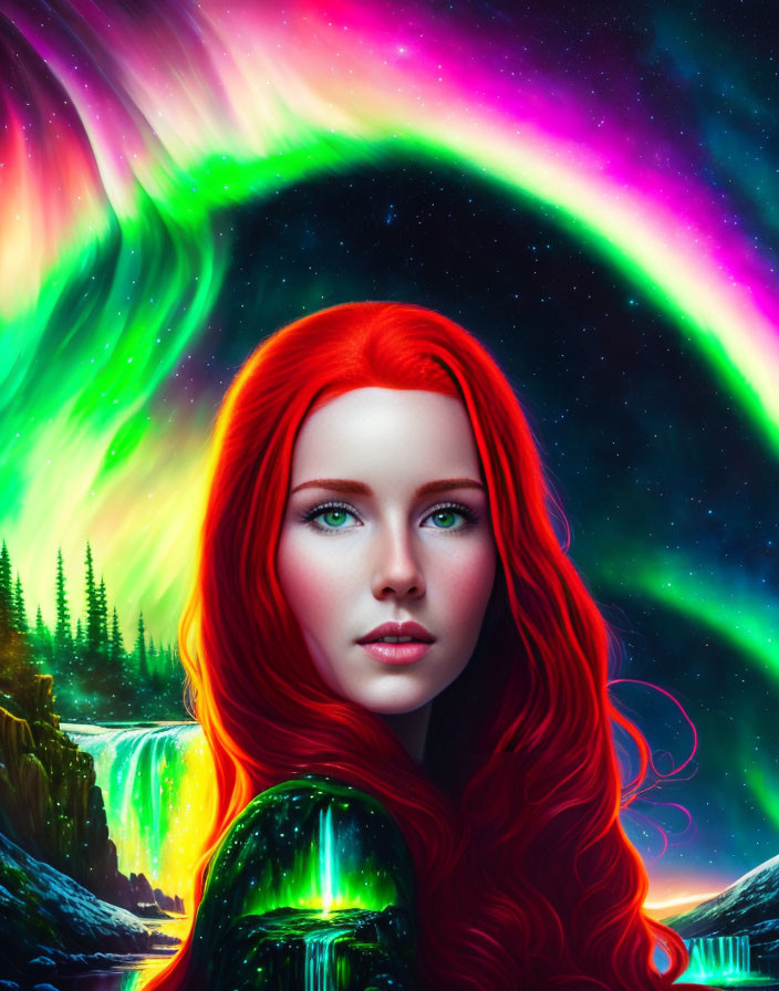 Digital artwork: Woman with red hair and green eyes in aurora night landscape