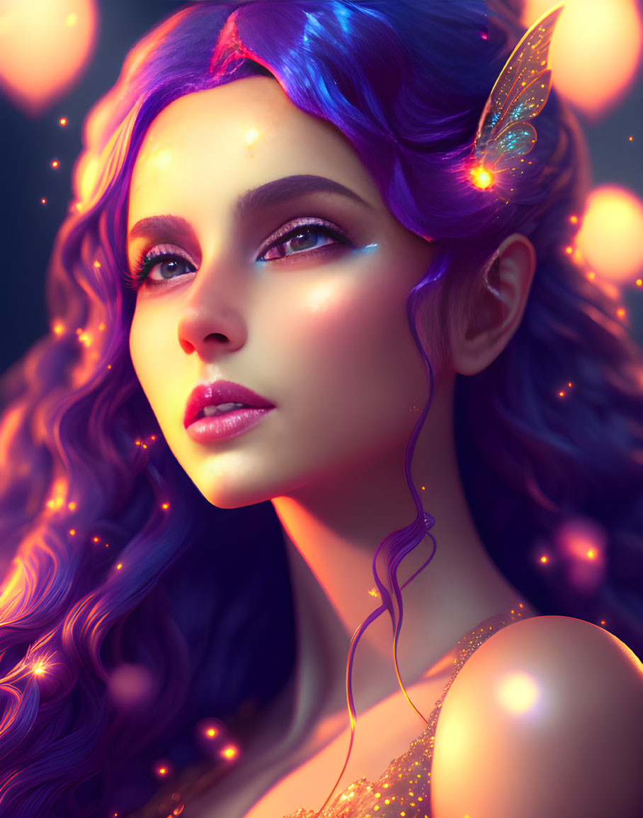 Fantasy digital portrait: Sparkling violet hair, glowing butterfly wing, luminous orbs