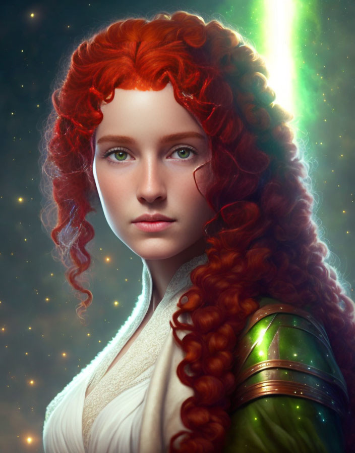 Digital artwork: Woman with red curly hair and green eyes in cosmic setting