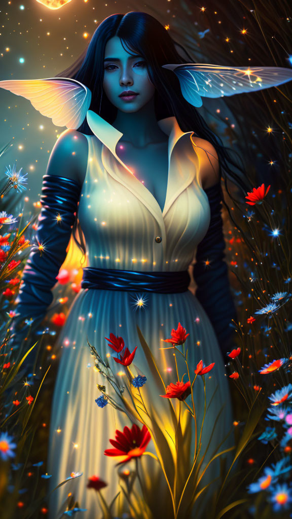 Illustration of woman with glowing butterfly wings in luminous flower field