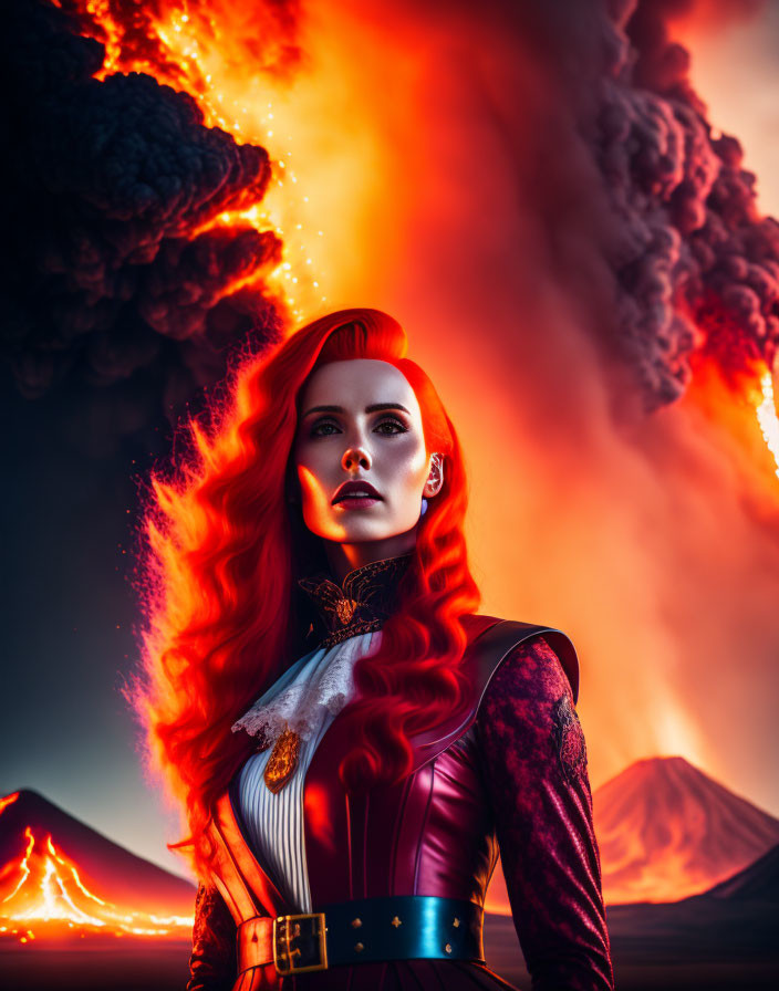 Fiery red-haired woman in gothic attire with erupting volcano landscape