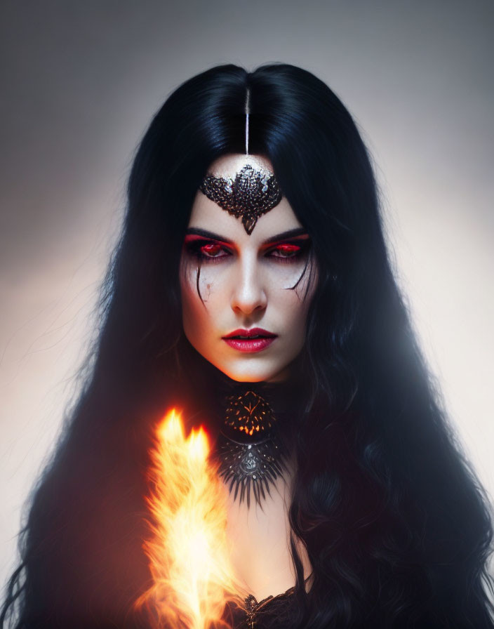 Dark-haired woman with gothic makeup holding a flame in mystical setting