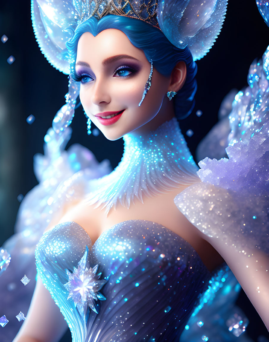 Blue-haired animated character in sparkling gown with crystal crown and magical details