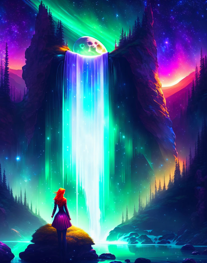 Red-haired person under neon-lit waterfall in night sky with aurora and crescent moon