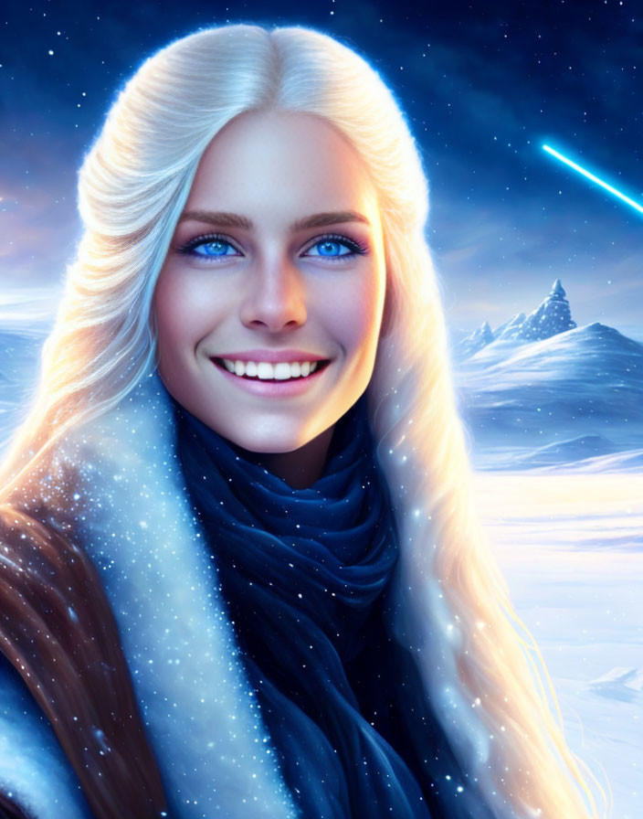 Blonde woman with blue eyes in winter night scene