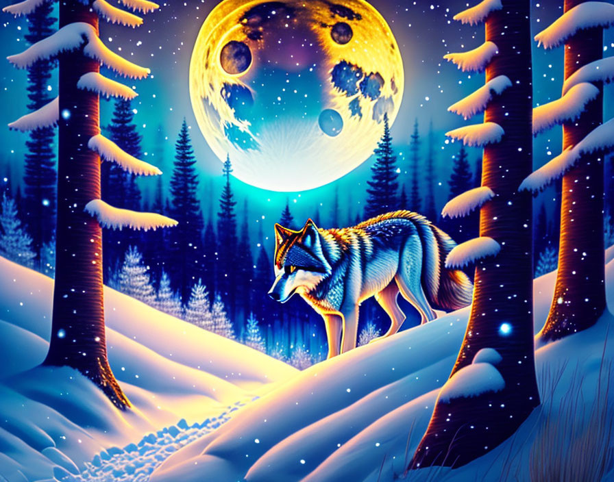 Digital art: Wolf in snowy forest under full moon