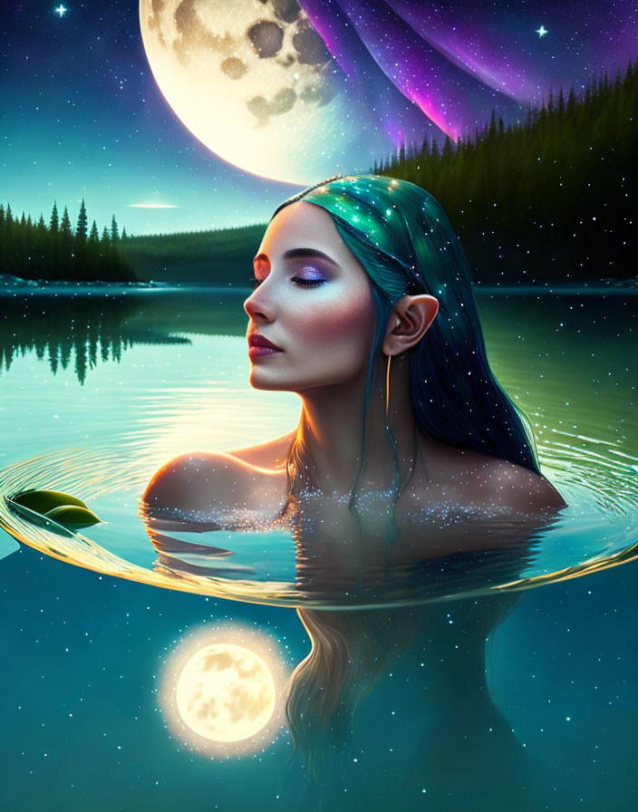 Woman with Starry Hair Merges with Nighttime Water Landscape