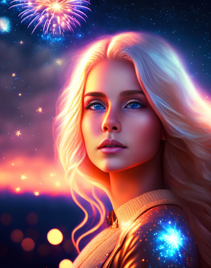 Blonde Woman with Blue Eyes in Fireworks Night Sky