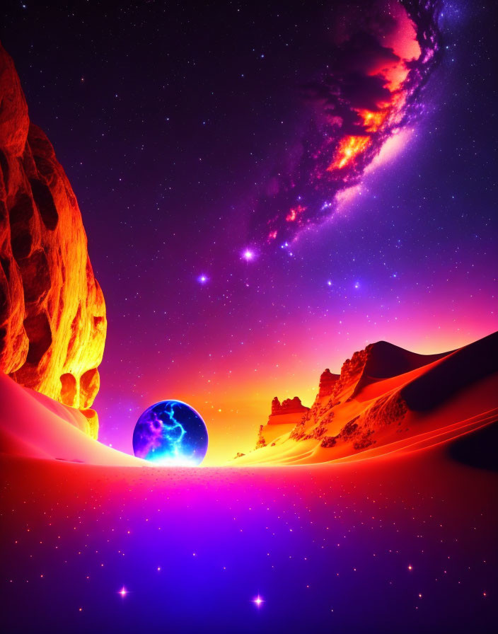 Colorful cosmic landscape with glowing planet, stars, and nebula over desert dunes