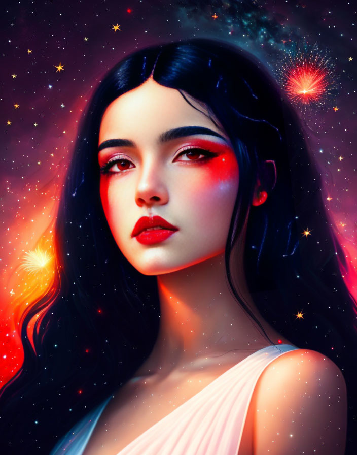 Portrait of a woman with black hair, red eye makeup, stars, and cosmic ambiance.