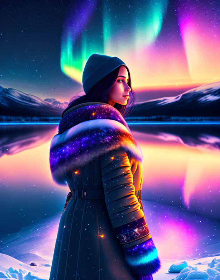 Woman in winter coat admiring auroras over lake