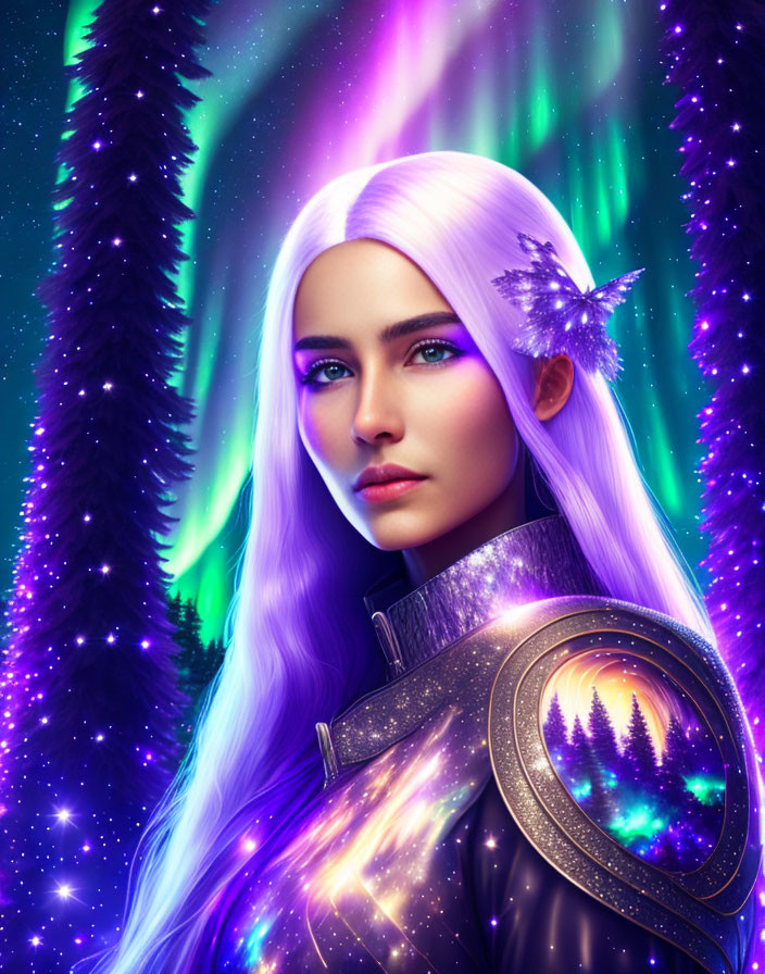 Digital artwork: Woman with white hair, butterfly, auroras, stars - mystical aura