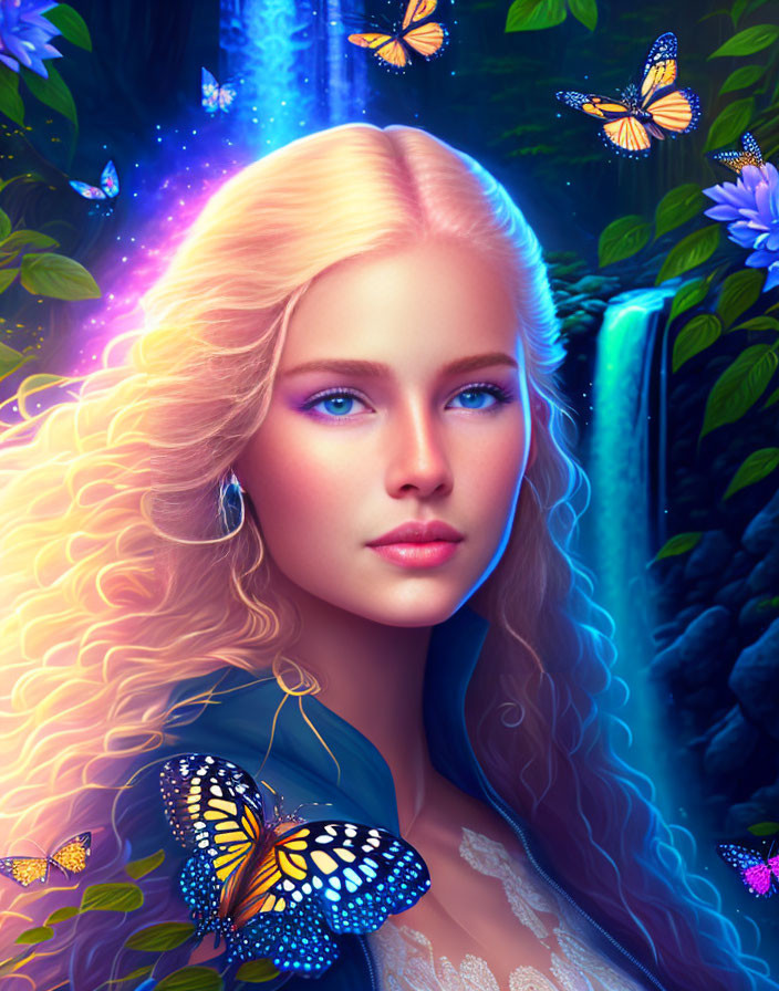 Blond-haired woman with butterflies in magical forest