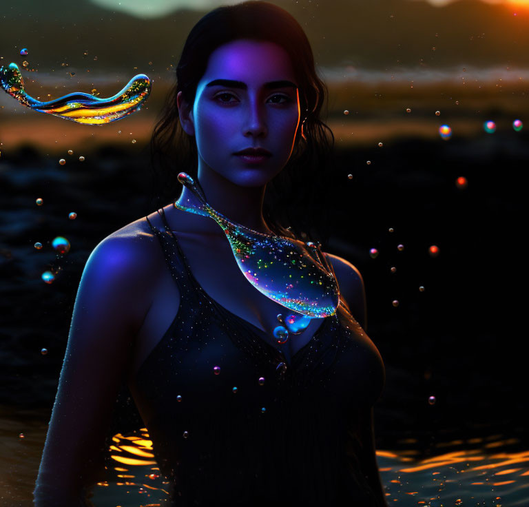 Digital artwork features woman with glowing jewelry and floating bubbles in twilight setting.