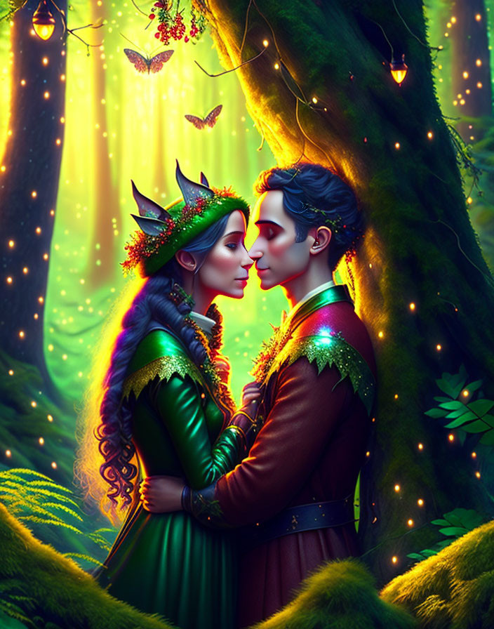 Fantasy characters embrace in enchanted forest with glowing lights.