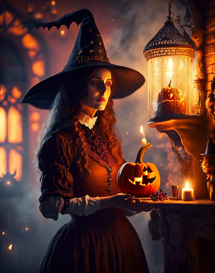 Witch costume with pumpkin and lantern in Halloween scene