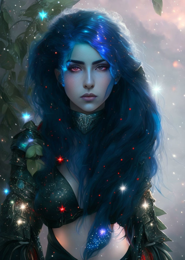 Mystical Woman with Blue Hair and Red Eyes in Dreamy Setting