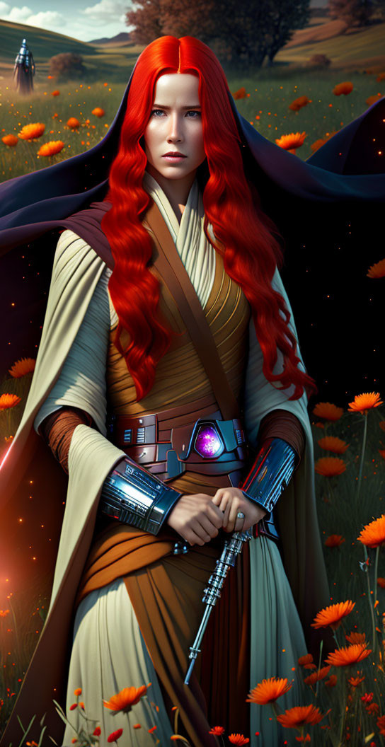 Red-haired woman in brown sci-fi costume with lightsaber in field of orange flowers with spaceships.