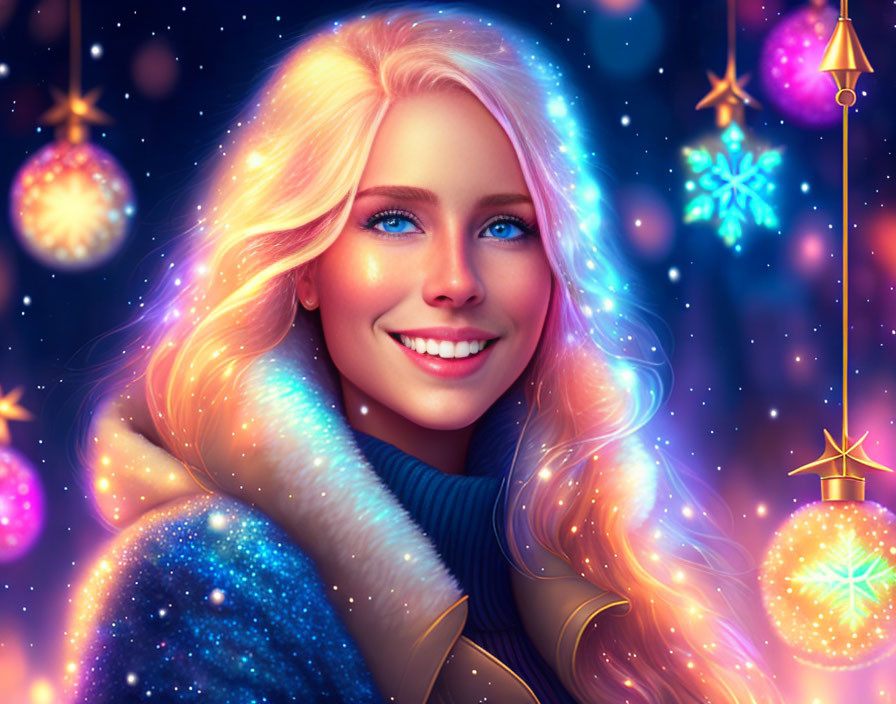 Blond woman in blue coat with holiday lights and snowflakes