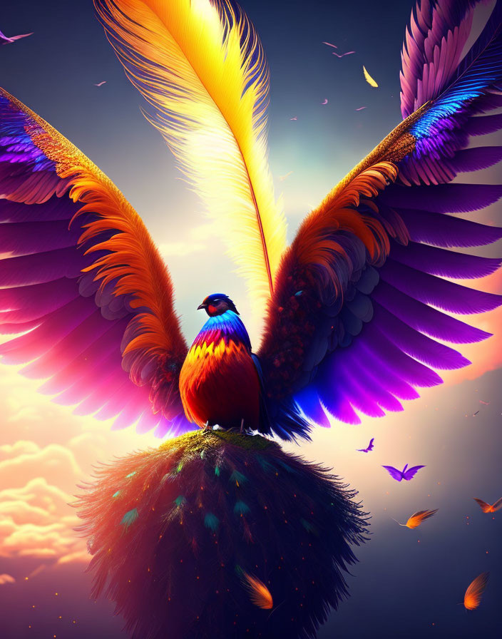 Colorful digital artwork: Majestic bird with vibrant feathered wings on grassy knoll at sunset