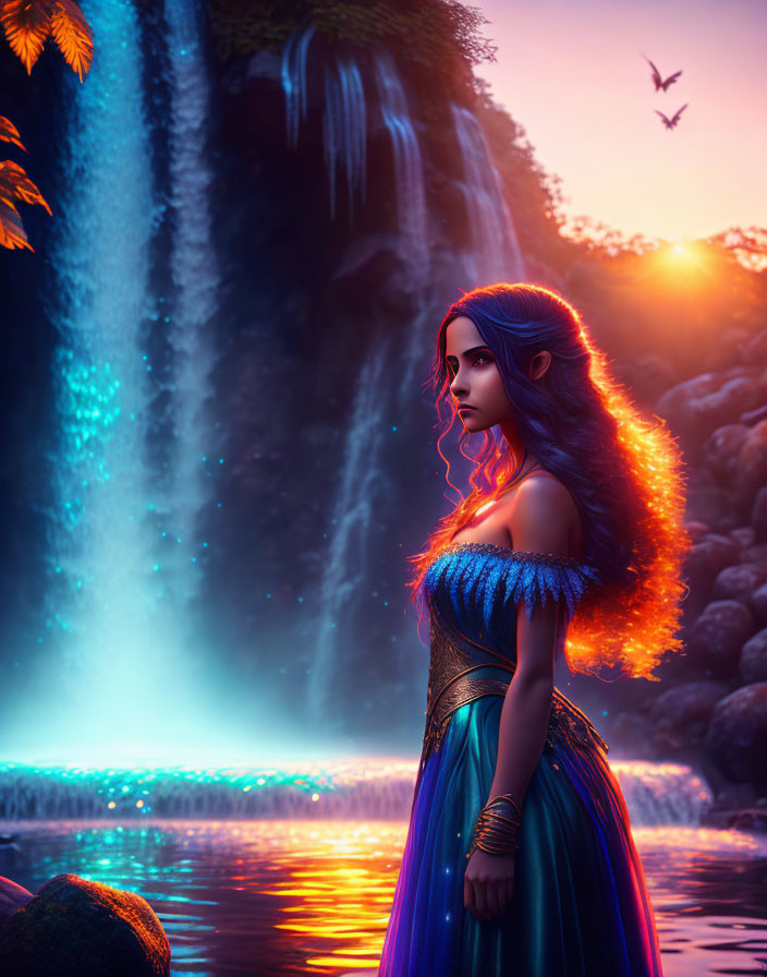 Long-haired woman by glowing waterfall at sunset with flying bird