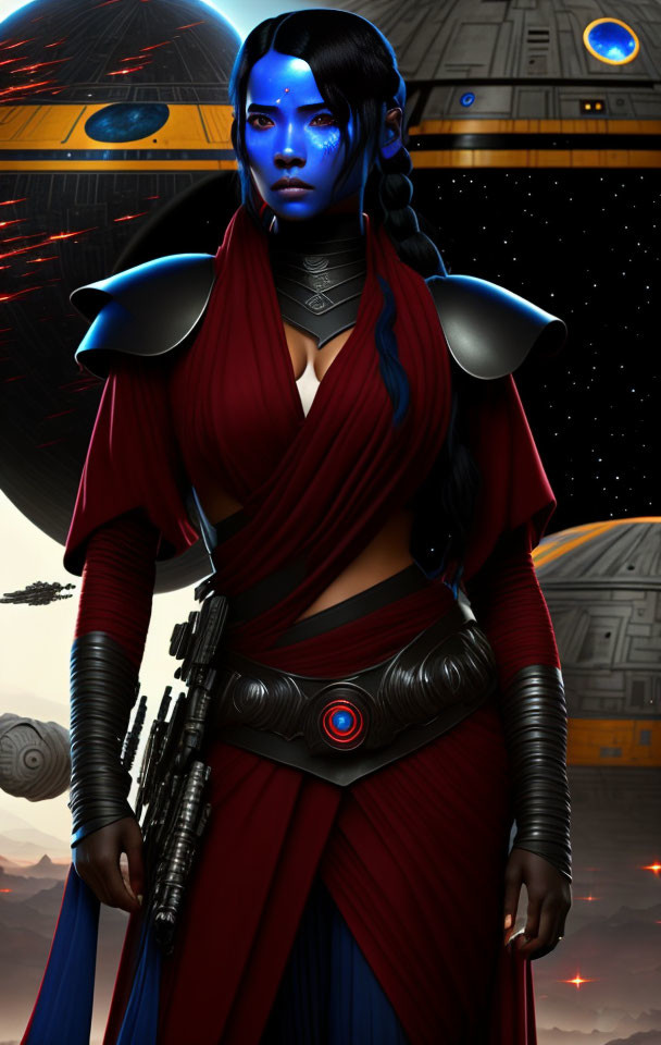 Blue-skinned alien female with blaster in red clothing, starship and planet backdrop