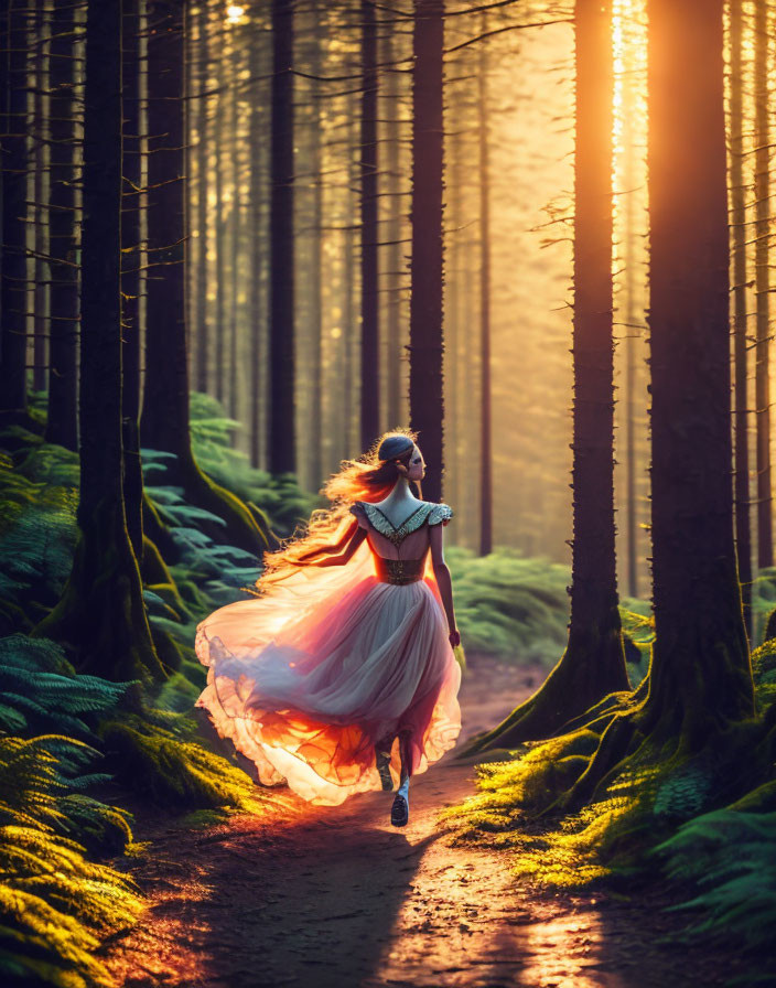 Woman in flowing red dress running through sunlit forest path