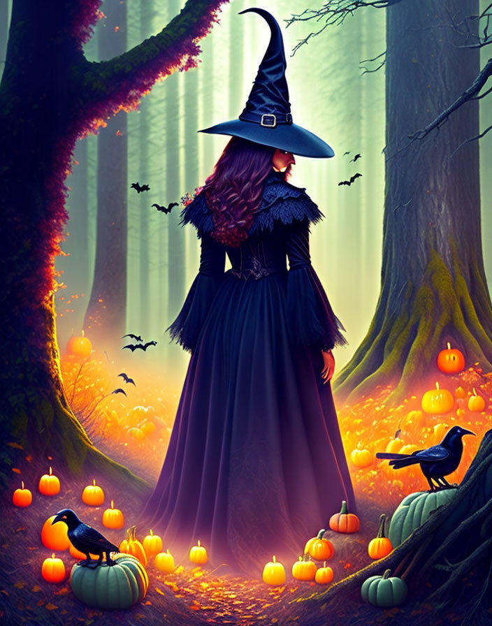 Mystical forest scene with witch, pumpkins, raven, bats, and ethereal light