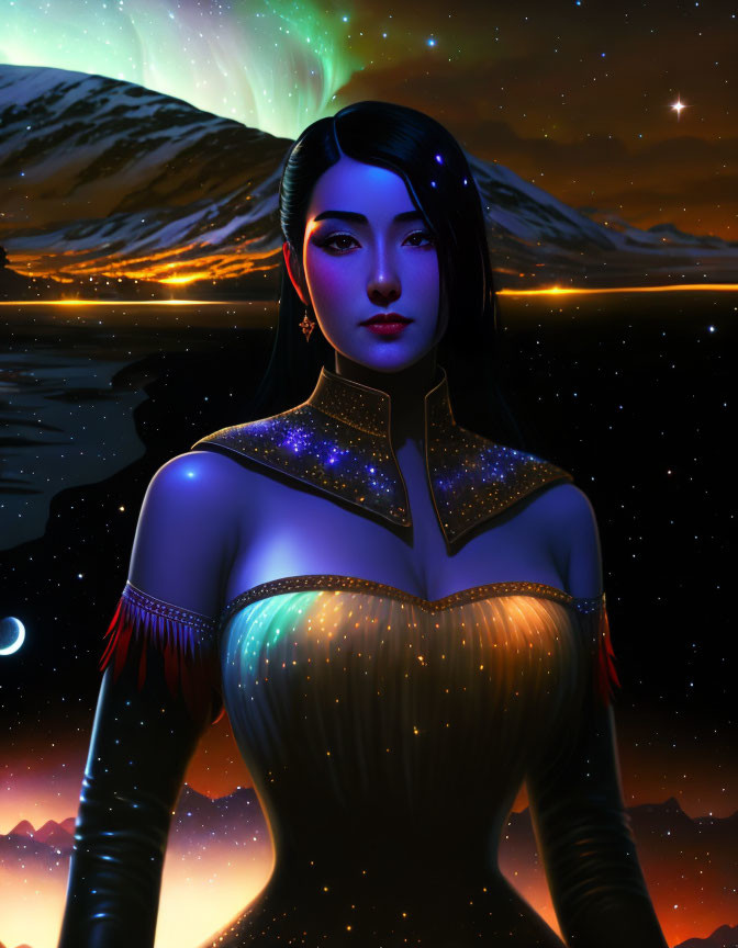 Digital artwork: Woman with black hair in futuristic dress with aurora sky