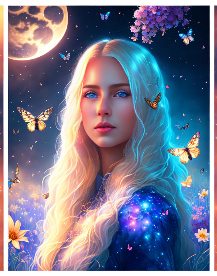 Blonde Woman Surrounded by Butterflies and Moonlit Sky