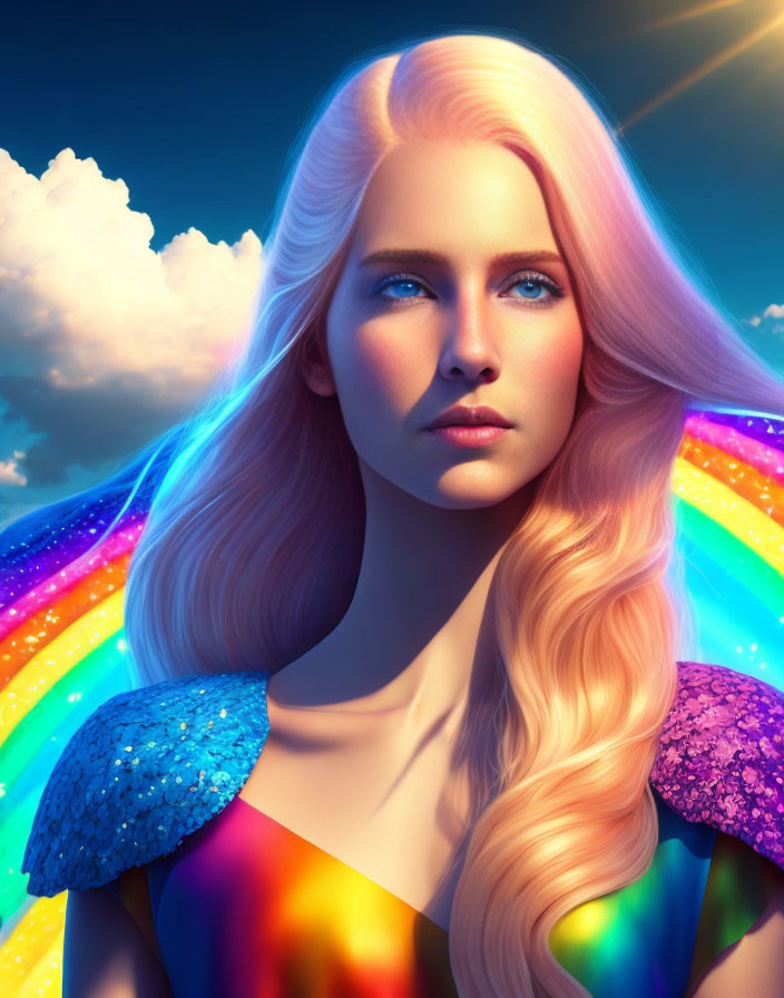 Blonde Woman in Rainbow Attire Under Sky with Rainbow