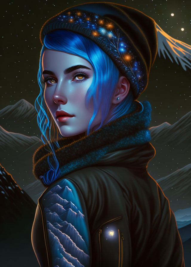 Digital portrait: Woman with blue hair and yellow eyes, beanie and jacket, under starry night